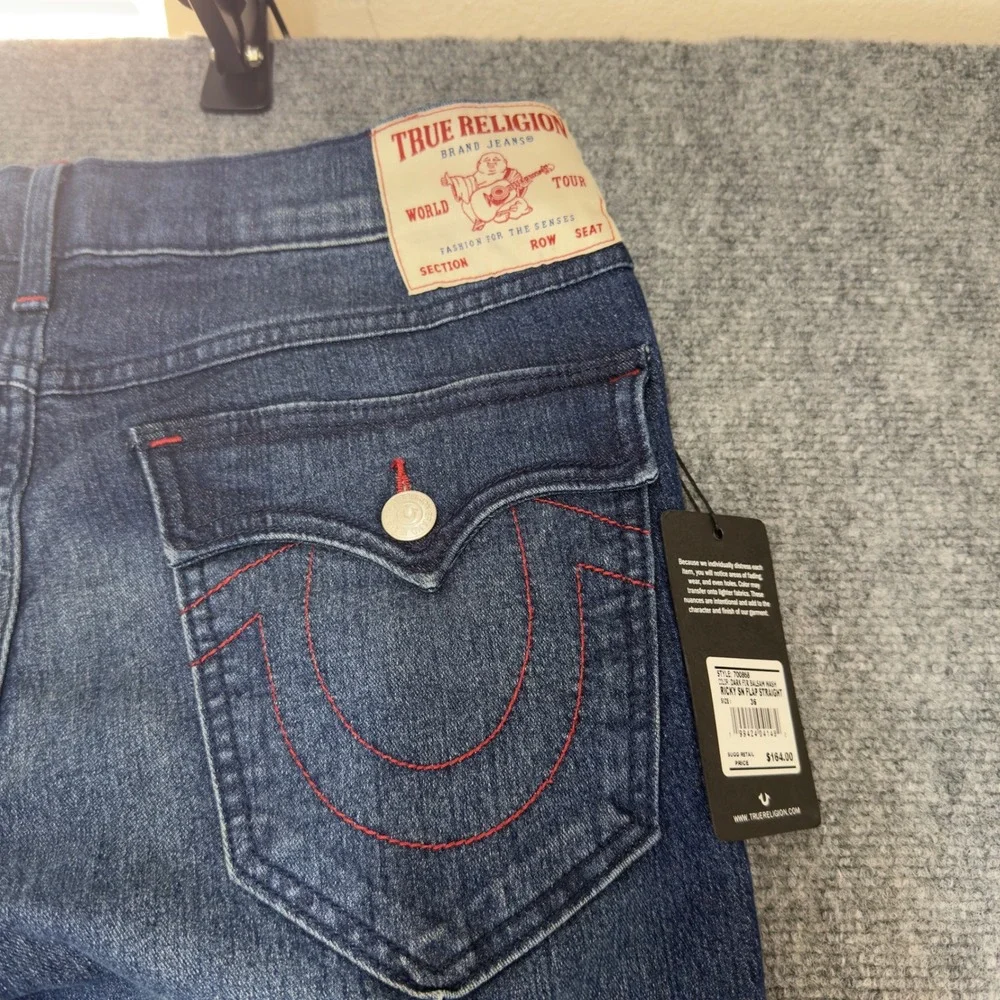 NWT True Religion Ricky SN Flap Straight Jeans Dark Fir Balsam Wash Size 36